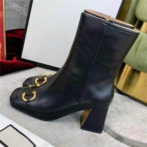 Square Toe Leather Boots Metal Decoration Platform Boots Splice Chelsea Boots Thick-Heel Short Boots Side Zipper Womens Shoes