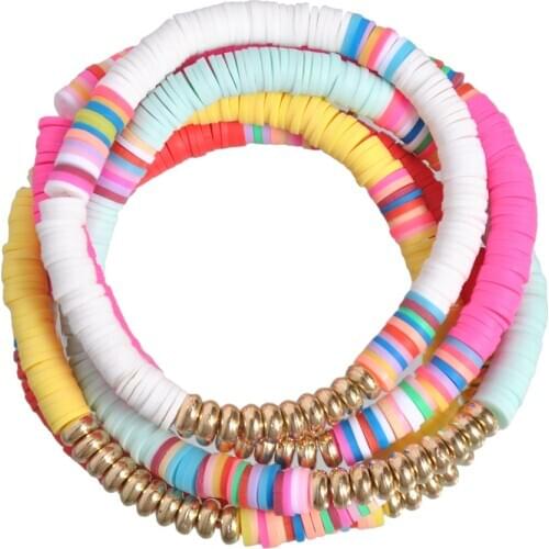 5 Pcs Colorful Sliced Clay Bracelets Handmade Rainbow Polymer Elastic Rope Boho Beaded Bracelet Set Summer Beach Surf Stackable