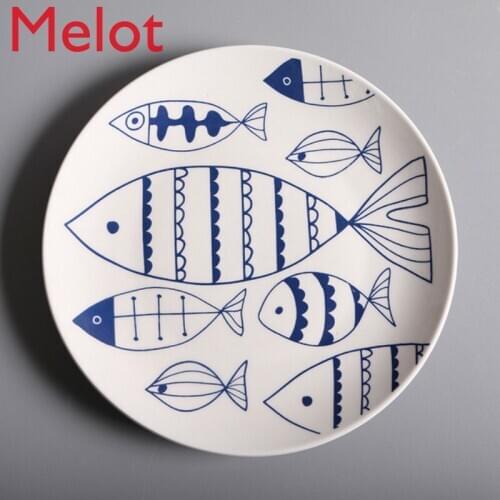 Creative Ceramic Western Food/Steak Hand-Painted Fish Pattern Plate Cute Personality 8-Inch Household Dish round Plate