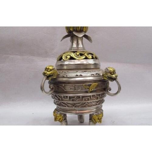 10 Temple White Copper Silver Gild Beast Ear lotus flower Censer incense burner