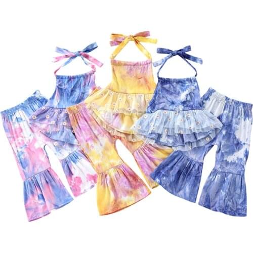 Cute Kids Tie-dye Clothes Set Girls Sleeveless Square Collar Backless Halter Tops + Flared Trousers Girls Clothing Sets