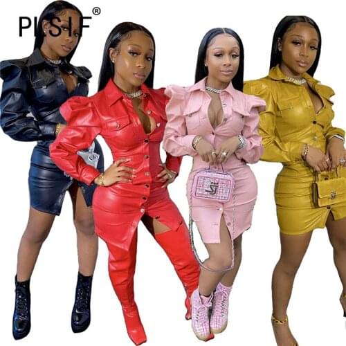 Fashion PU Leather Dress Solid Color Full Sleeve Slim Party Club Dress Female Vestidos Femme