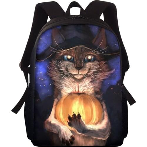 ELVISWORDS Fashion Mochila Personality Dark Ghost Cat Printed Backpack For Women Men Rucksack Customized Boys Girls School Bags