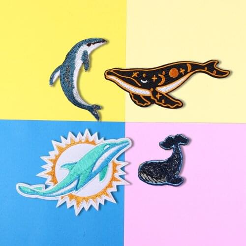 Cartoon cute animals dolphins and whales series Patches wholesale Iron On Embroidered Cute characters Cloth Appliques Diy Badges