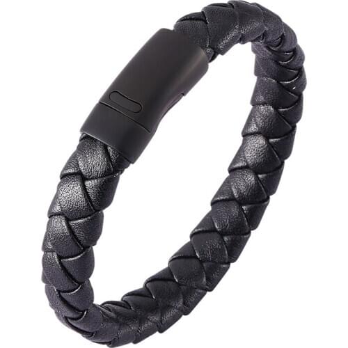 Men Jewelry Black Braided Leather Bracelet Male Fashion Stainless Steel Magnetic Clasp Charm Leather Wristband Gift PD0500
