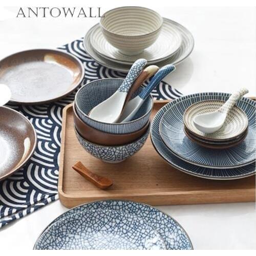 ANTOWALL Ceramic Japanese Tableware Set Disc Sauce Dish Fruit Dessert Plate Classical Porcelain Sushi Plate Rice Soup Bowl Spoon