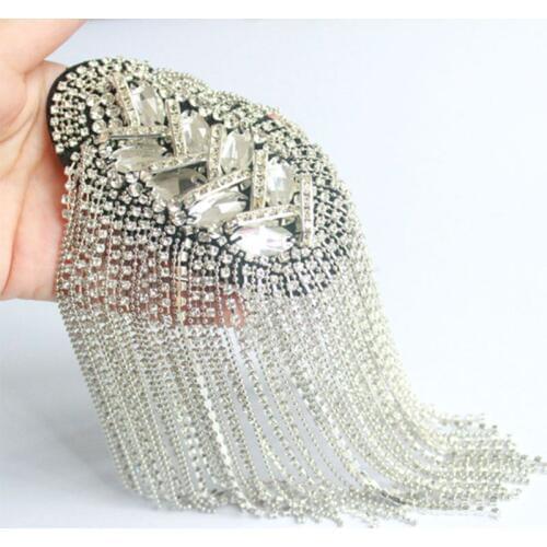 Unisex Punk Fringe Shoulder Board Badge Glitter Rhinestone Tassels Chain Epaulet F3MD