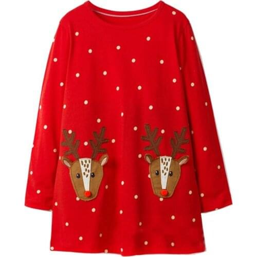 Jumping meters Children girls dresses applique deer kids dress long sleeve polka dot red dress gift Christmas dress girl