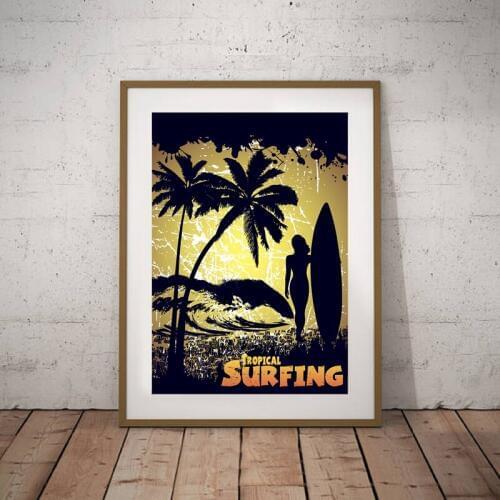 Retro Seascape Tropical Surfing Wall Art Pictures Canvas Painting , Girl Surfer Silhouette Vintage Poster Art Prints Wall Decor