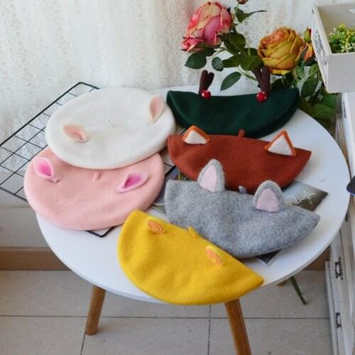 Hand-made cute wool felt ear styling womens beret hat autumn winter woolen woolen cloth painter hat girl art photo beanie hat