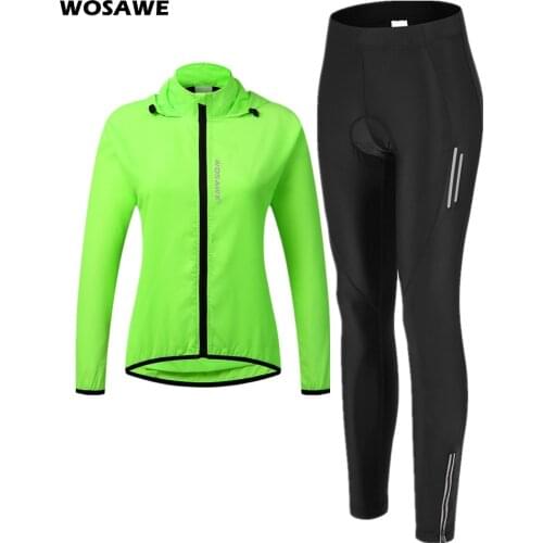 WOSAWE Womens Cycling Clothing Breathable Pants Rainproof Windproof Reflective Cycling Jacket Set Sportswear Female Riding Suit