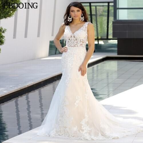 Vestidos De Novia Elegant Lace Mermaid Wedding Dress V-Neck Neckline Long Floor-Length Bride Gown Plus Size Wedding Party Gown