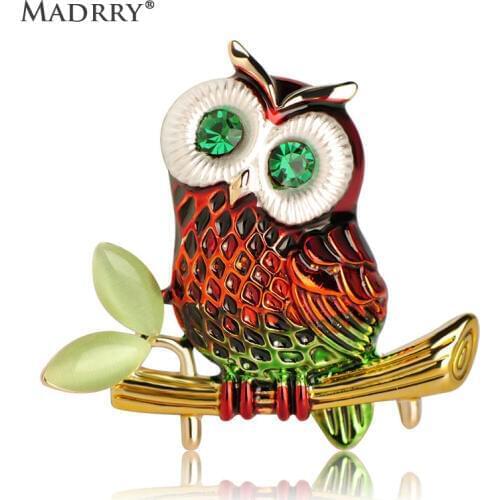 Madrry Enamel Esmalte Owl Shape Brooches Opal Crystals Red Color Corsage Women kids Party Scarf Hat Sweater Adornment Hijab Pins
