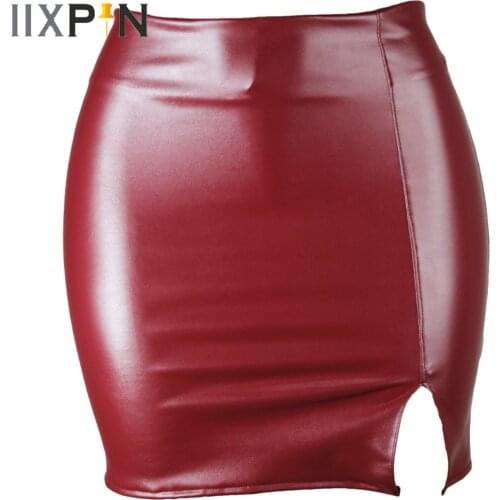 Womens Wetlook PU Leather Bodycon Pencil Skirt Ladies Solid Color High Waist Miniskirt Zipper Back Side Slit Skirts For Party