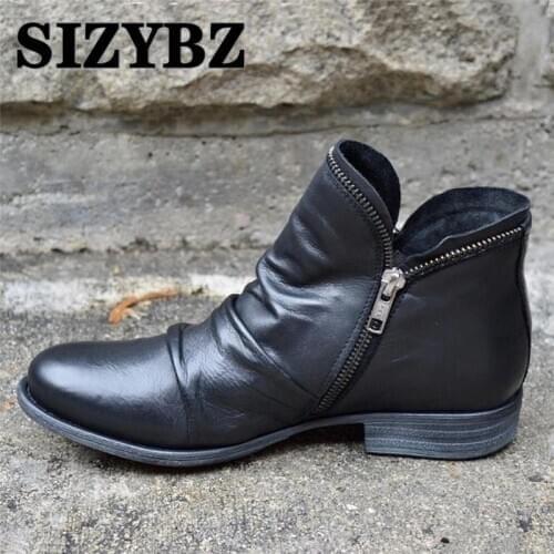 Women PU Leather Ankle Boots Women Autumn Winter Zipper Vintage Women Punk Boots Flat Ladies Shoes Flat Short Snow Boots