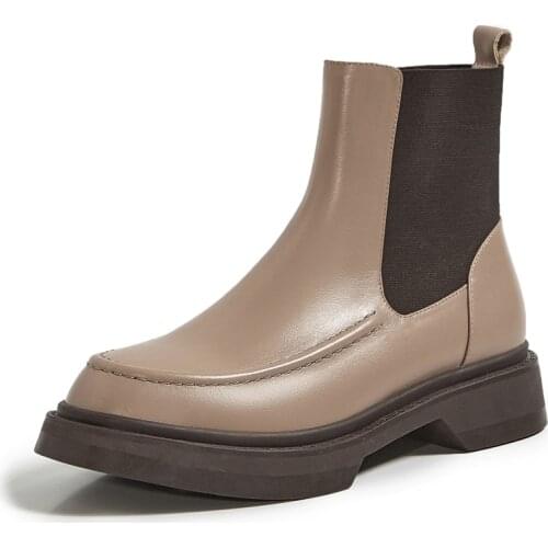 Genuine Leather Womens Boots Retro British Style Slip-On Chelsea Boots Fashion Ankle Boots Round Toe Flat with Women Shoes