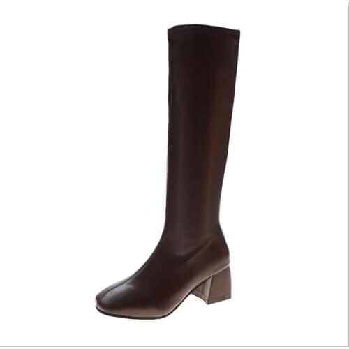 Fashion Women Genuine Leather Boots Black Fold Knee High Heel Boots Square head Long Boots Female Wedges Heel Botas Large size