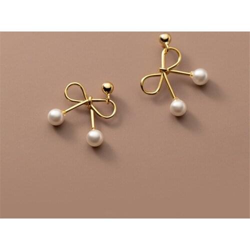 New Design Real 925 Sterling Silver Bowknot Shape Earrings Stud for Girls Women Pretty Brand Sterling Silver Party Pearl Jewelry