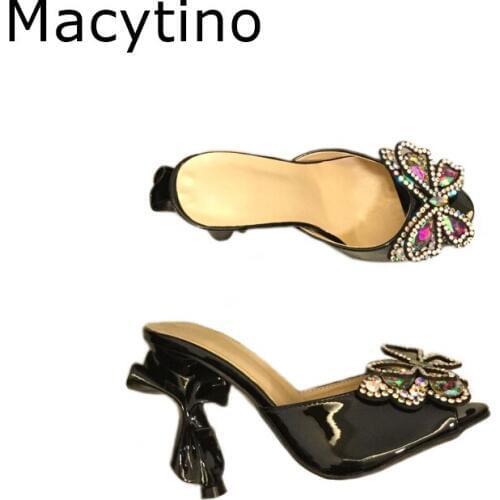 Women Slippers Peep toe Summer Patent Leather Shoes Women Sandals Outside Slides Shallow High Heels Crystal Butterfly Slipper