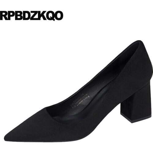 Pumps size 4 34 33 nude office black chunky slip on high heels fashion 3 inch suede 2019 pointed toe thick block shoes for women