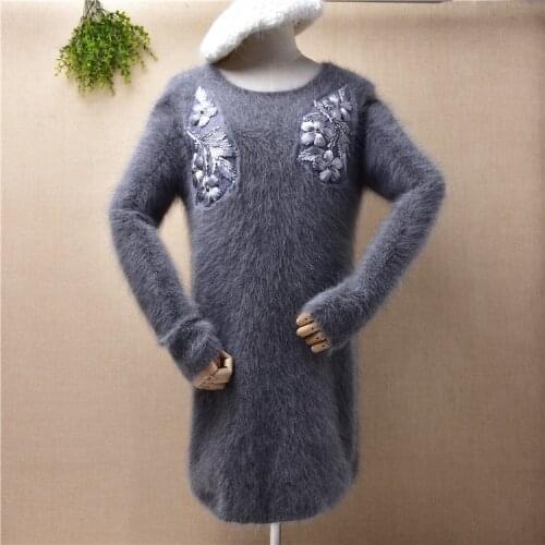 Female women casual elegant hairy plush angora rabbit fur knitted embroidery slim blouses pullover fall winter sweater dress top