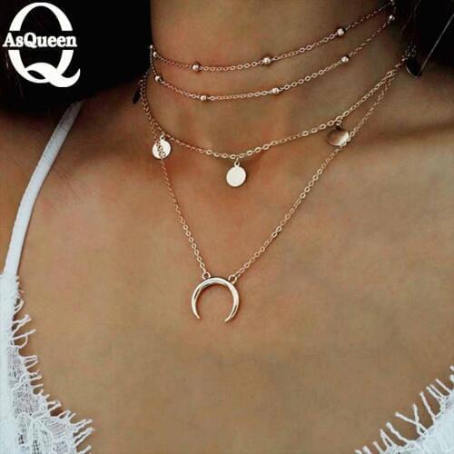Gold Chain Multi layer Moon Choker Necklace For Women Beads Coin Chocker Pendant Necklaces Collares Mujer collier femme