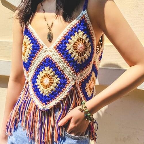 2020 Summer Sexy women holidy crochet camis lady vintage tassels camis women hollow out crochet tanks tops fringe crop tops
