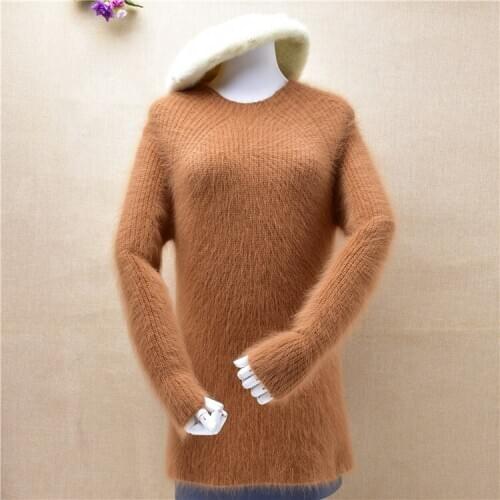 2020 women female hairy mink cashmere knitted o-neck slim bottoming long sleeved pullover angora rabbit fur winter jumper tops