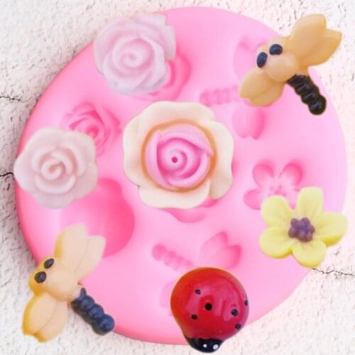 3D Dragonfly Ladybug Silicone Mold Rose Flower Candy Chocolate Mould DIY Baby Party Cupcake Topper Fondant Cake Decorating Tools