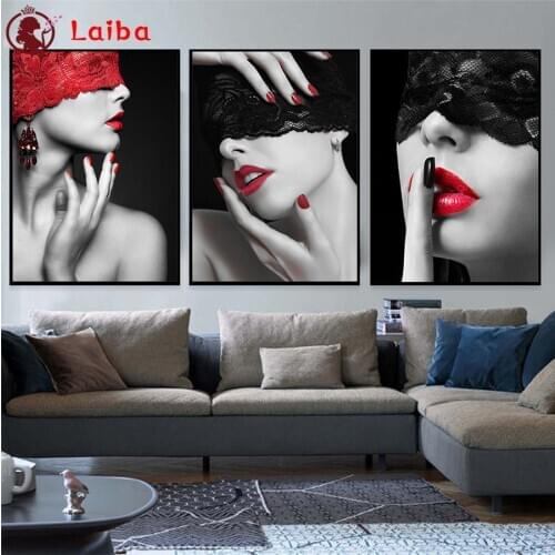 5d mosaic Diamond Painting Sexy woman with red lips and lace veil diamond Embroidery full Diamond cross stitch home decor3pcs