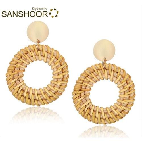 SANSHOOR 4cm Diameter Handwoven Rattan Earrings Hoop Dangler African Earring Straw Woven 6 Pairs