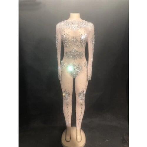 Sparkly Crystals Nude Jumpsuit Stretch Stones Outfit Celebrate Bright Rhinestones Costume Female Singer Party Rave Stage Dress