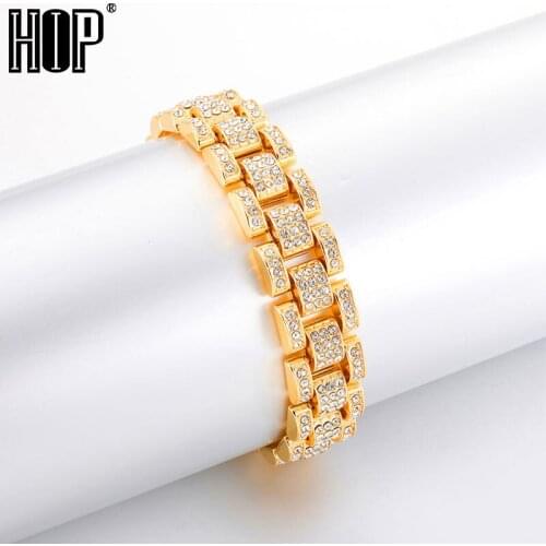 Hip Hop Iced Out Bling Gold Full Rhinestones Watch Band Link Chain Bracelets Bangles for Men Rapper Jewelry