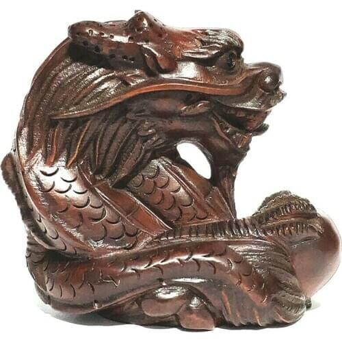 CQ087 - 2" Hand Carved Boxwood Netsuke Figurine Carving: Dragon