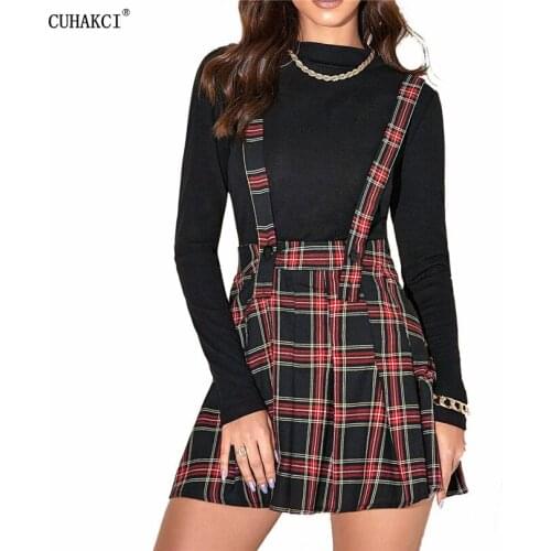 CUHAKCI Women Red Black Goth Pleated Plaid Skirt High Waist Mini Sexy Harajuku Short Sexy Streetwear Adjustment Strap Pleated