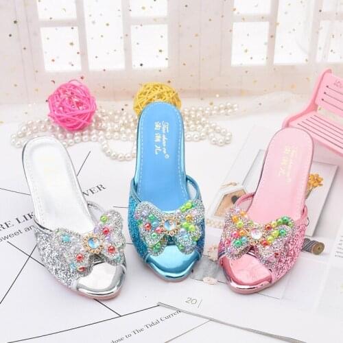 Disney childrens cartoon bow princess girl high heel slippers crystal sequin beach shoes party show slippers