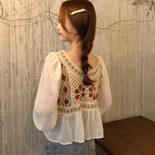 Women Insertional Lace Long Sleeve Chiffon Shirt for Women Summer Round Neck Foreign Tops