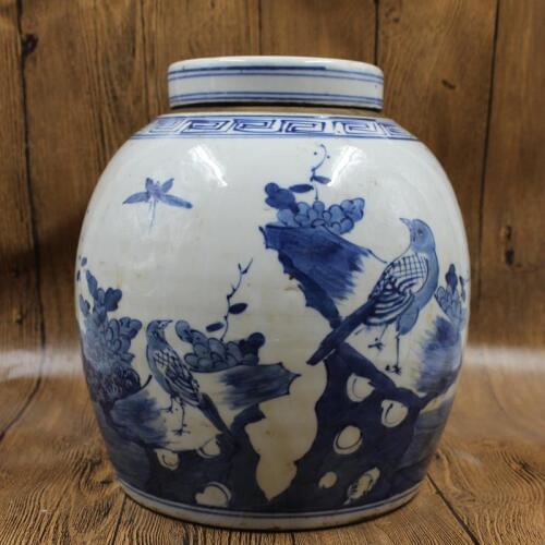 Antique QingDynasty porcelain pot,Blue & white birds tank,Hand-painted crafts,Decoration,collection &Adornment,Free shipping