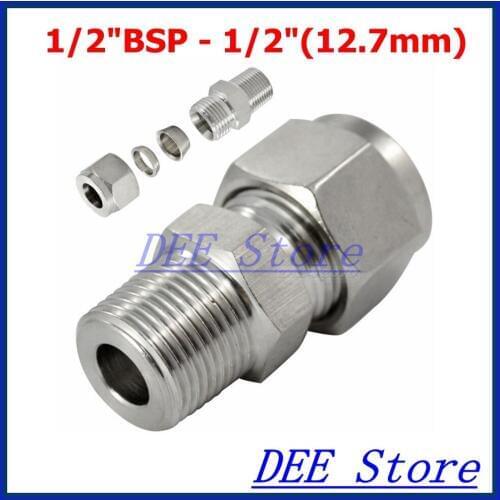 2PCS 1/2"BSP x 1/2"(12.7mm ID) Double Ferrule Tube Pipe Fittings Threaded Male Connector Stainless Steel SS 304
