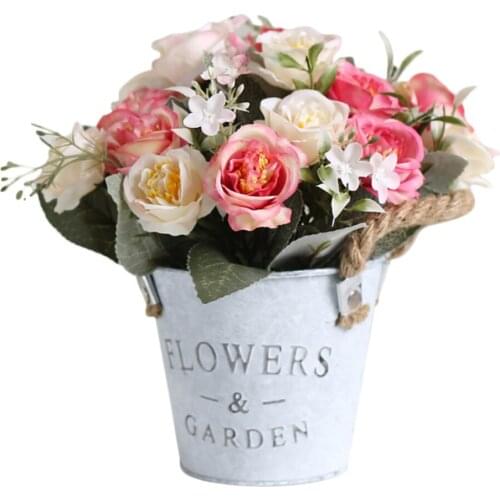 Bonsai Artificial Flower Potted Plants Tin Bucket Simulation Hemp Rope For Wedding Party Plastic Home Decor Metal Flowers Vase