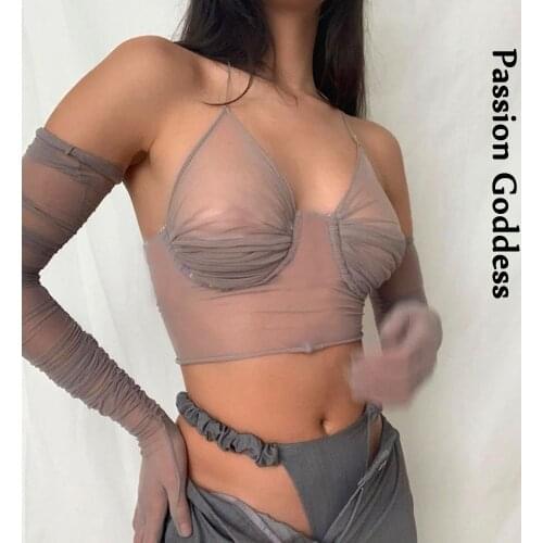 Sexy Women Girls Mesh Crop Camis with Long Gloves Sleeves Slim See-through Halter Bandage Camisole Femme Party Club Crop Top Y2K