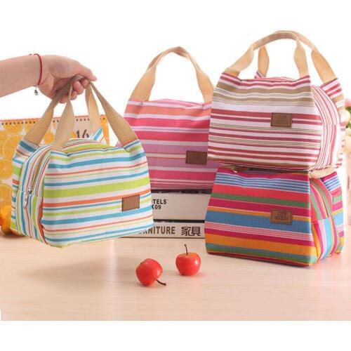Lovely Rainbow Color Food Thermal Insulation Bag Women Travel Picnic Bags for Kids Student Striped Zipper Lunch Box Tote