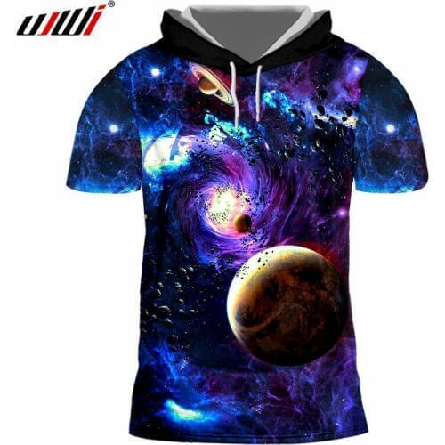 UJWI 3D Hooded Mens Cool Print Galaxy Starry sky Cap T-shirt Planets 3d Hoody Shirts Hombre Short Sleeve Crewneck Jerseys 7XL