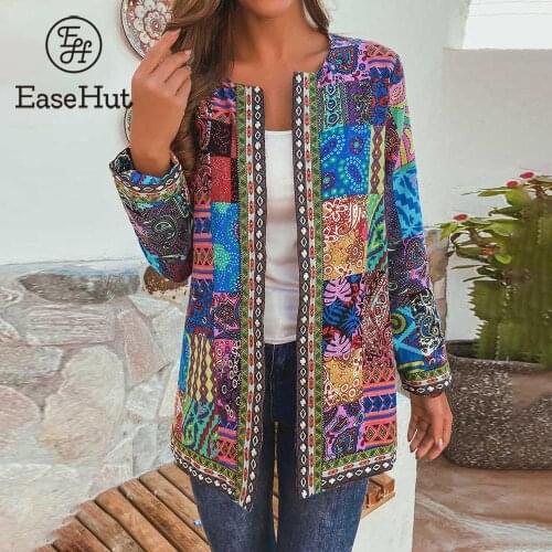 EaseHut 6XL Plus Size Women Coat Vintage Chinese Style Long Sleeve Open Front Outwear Floral Prit Long Autumn Winter Jackert