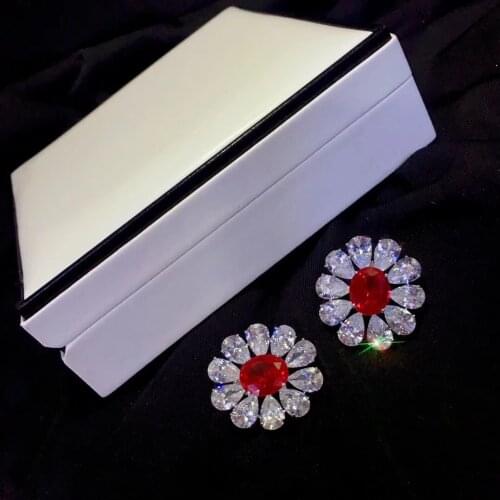 925 sterling silver with cubic zircon flower stud earring white and red mixed color fine women jewelry free shipping