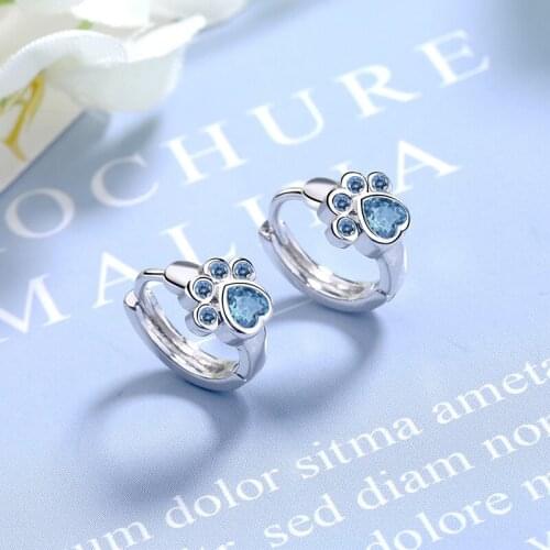 Womens Fashion Lovely Cat Footprint Hoop Earrings Small Huggies Blue Zirconia Stone Cat-Paw Simple Earring Piercing Jewelry