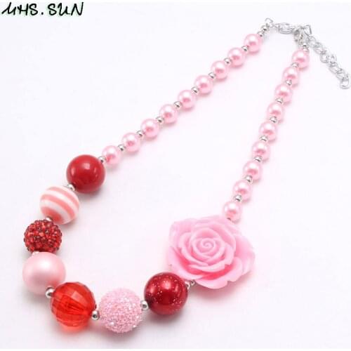 MHS.SUN Charm pink flower beads necklace for girls kids diy rhinestone chunky bubblegum necklace for valentines Day jewelry