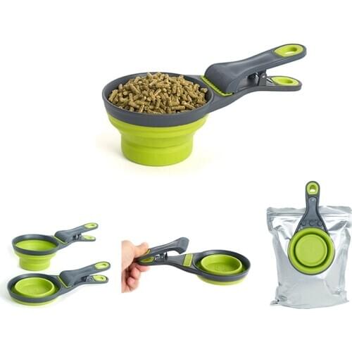 Dog Food Scoop Sillicone Collapsible Cup with Bag Clip and Measuring 1 Cup 237ml
