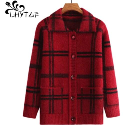 UHYTGF Female cardigan knitted sweater jacket fashion plaid Single-breasted autumn sweater women elegant pocket plus size top724