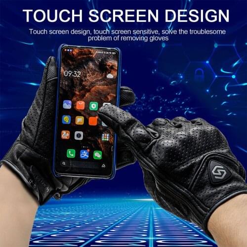 Windproof Sheepskin Off-road Racing Gloves Perforated Ventilation Full Finger Touch Screen Motorcycle Riding Gloves